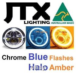 7 LED CHROME Headlights BLUE flash Amber Ford Cortina Mk1 Mk2 Escort