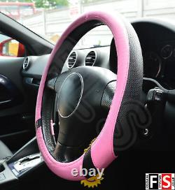 Universal Black & Pink 37-39cm Steering Wheel Cover Faux Leather-frd1