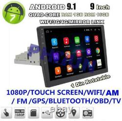 1din 9'' Hauteur Réglable Android 9.1 1080p Voiture Stereo Radio Gps Wifi 4g Bt Dab