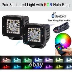 2X 3Cube Pods Lampes de Travail LED BT RGB Halo Yeux d'Ange Kit de Poursuite + Faisceau de Câblage