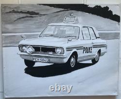 Voiture de police Ford Cortina Mk. 2 des années 1970, peinture originale sur toile, 16 x 20